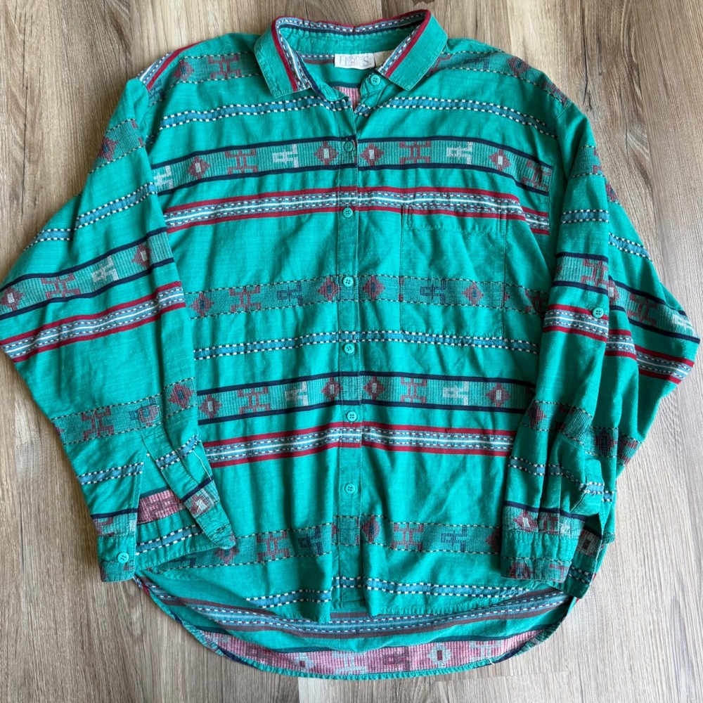 Honors Plus Vintage Teal Southwestern‎ Geometric Cotton Button Down Shirt 22W